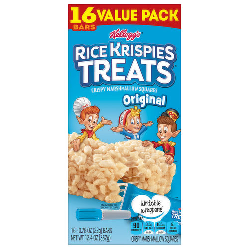 Per Bar: 90 calories; 0.5 sat fat (3% DV); 105 mg sodium (5% DV); 8 g total sugars. For the lunchbox or the snack jar, nothing beats rice krispies treats! Contains a bioengineered food ingredient. Writable wrappers! No high fructose corn syrup. kelloggs.com. how2recycle.info. Questions or comments? Visit kelloggs.com. Call 1-800-962-1413. Provide production code on package. Certified 100% recycled paperboard. Product of Mexico.