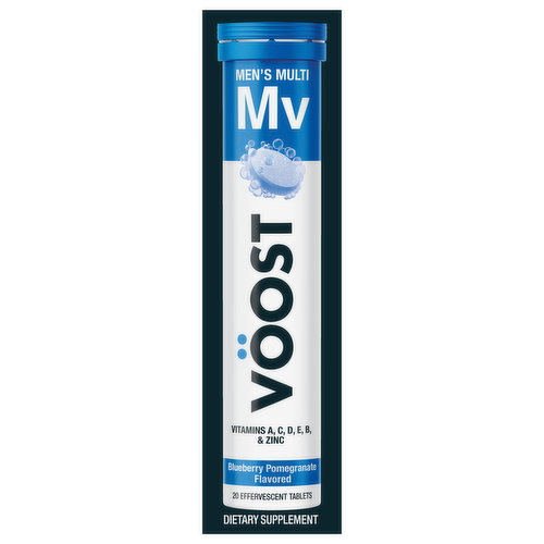 VÖOST Men's Multi-Vitamin effervescent vitamin tablets are an effizzing amazing way to give your body the Vitamins A, C, D, E, Bs, and Zinc men need to support daily health*. Dropping just one tablet into the water you’re already drinking turns it into a delicious blueberry pomegranate flavored vitamin boost that is packed with invigorating nutrients that help you live your best life without extra calories or sugar. VÖOST Men's Multi-Vitamin is also conveniently customizable – you can use the water you already drink tailor your flavor intensity.Be sure to check out the full lineup of VÖOST’s invigorating nutrient boosts to help every day be your best day! From multivitamins to beauty to magnesium we’ve got you covered with a wide variety of nutrient blends that are made with a premium formulation that are simple to use and taste great. *These statements have not been evaluated by the Food and Drug Administration. This product is not intended to diagnose, treat, cure, or prevent any disease.