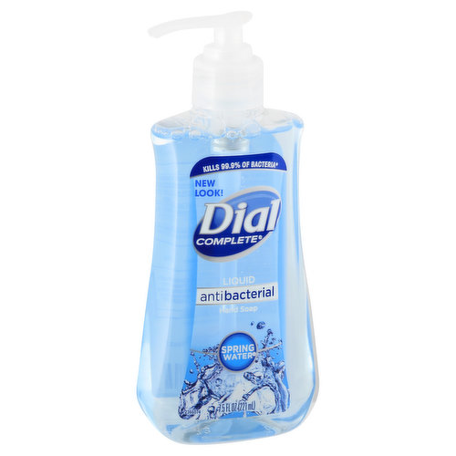Kills 99.9% of bacteria (Encountered in household settings). New Look! Spring water. Healthier skin. Healthier us.
 www.dialsoap.com. Questions? 1-800-258-Dial (3425). Visit our web site at www.dialsoap.com.