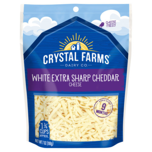 Crystal Farms Shredded Cheese, White, Extra Sharp, Cheddar
