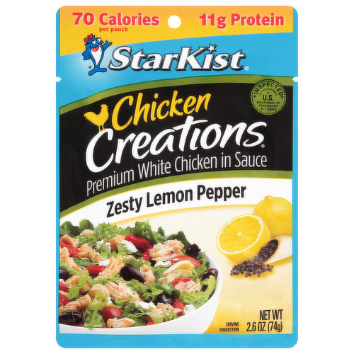 Premium white chicken in buffalo style sauce. 70 calories per pouch. 11 g protein. Soy free. Gluten free. Tear. Eat. Go. Flavor fresh pouch. Zesty means energetic, active or full of zest. Our flavorful zesty lemon pepper chicken is all of those. Prepared with citrusy lemon and black pepper, it's so full of zest, we put it in the name. Enjoy it anywhere - just tear, eat and go! Cage free (Chickens raised without the use of added hormones and were allowed to roam freely. Federal regulations prohibit the use of hormones in poultry). Inspected for wholesomeness by U.S. Department of Agriculture. www.starkist.com. Find all of our flavors & great recipes at www.starkist.com. Questions or comments? Call 1-800-252-1587 Mon-fri. Refer to code number on pouch. Creations more than 20 varieties! Tuna: Lemon Pepper, Hickory Smoked. Salmon: Mango Chipotle, Lemon Dill. Chicken: Buffalo style, Chicken salad. Packed in the USA.