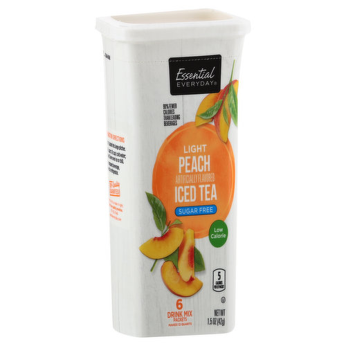 Artificially flavored. 5 calories per 1/5 packet. This product contains 5 calories per serving. Leading beverages contain 70 calories per serving. Contains 5 mg caffeine per serving. Sugar free. 90% fewer calories than leading beverages. Low calorie. Makes 12 quarts. 100% quality guaranteed. Like it or let us make it right. That's our quality promise. essentialeveryday.com.
