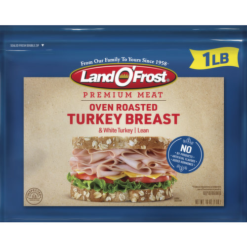 Turkey breast & white turkey; lean. No artificial flavors. Gluten Free. From our family to yours since 1958. Fresh new look. Same great taste. No by-products. No added hormones (Federal regulations prohibit the use of hormones in poultry). Our Story: At Land O'Frost, we stay true to the values and dreams of our founder, my grandfather Antoon Van Eekeren, by continually improving our brands and supporting your local community. We are longstanding supporters of 10,000 youth sports teams across America and the juvenile diabetes research foundation. Family is no. 1 to us and we consider you - our customer - part of our extended family. - David Van Eekeren, President & CEO. Inspected for wholesomeness by US Department of Agriculture. LandOFrost.com. Facebook. Twitter. Instagram. Questions or comments? Call 1-800-762-9865 Mon-Fri 8:00 am to 4:30 pm, CST.