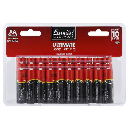 1.5 V. Ultimate long lasting. Guaranteed for up to 10 years (When stored in a cool dry place) in storage. 100% quality guaranteed. Like it or let us make it right. That's our quality promise. essentialeveryday.com. Made in China.