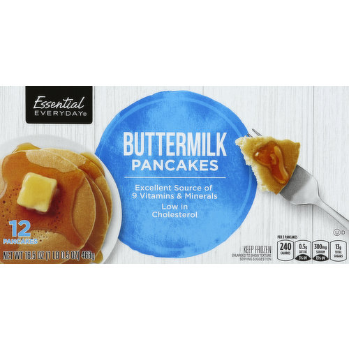 Excellent source of 9 vitamins & minerals. Low in cholesterol. Per 3 Pancakes: 240 calories; 0.5 g sat fat (3% DV); 300 mg sodium (13 DV%); 13 g total sugars. Great Products: At a price you'll love — that's essential everyday. Our goal is to provide the products your family wants, at a substantial savings versus comparable brands. We're so confident that you'll love essential everyday, we stand behind our products with a 100% satisfaction guarantee. 100% Quality Guaranteed: Like it or let us make it right. That's our quality promise. essentialeveryday.com. Product of USA.