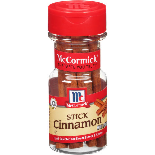 Cinnamon comes from the inner bark of the trunk of the tropical cinnamon tree. As the harvested bark dries, it curls up into quills or sticks. Hand-selected McCormick Cinnamon Sticks add sweet warmth and spicy aroma to hot beverages, curries & slow-cooked stews.   The slightly spicy and comforting aroma of cinnamon reminds us of winter holidays and family gatherings. To add warmth to festive beverages, use a stick as a stirrer for coffee & hot cocoa or simmer it in apple cider or mulled red wine. Cinnamon sticks infuse slow-cooked stews, braised short ribs, Indian curries and Vietnamese pho noodle soup with rich fragrance and flavor. Place a stick in the pot to add sweetness when poaching fruit or cooking applesauce, rice pudding or oatmeal.