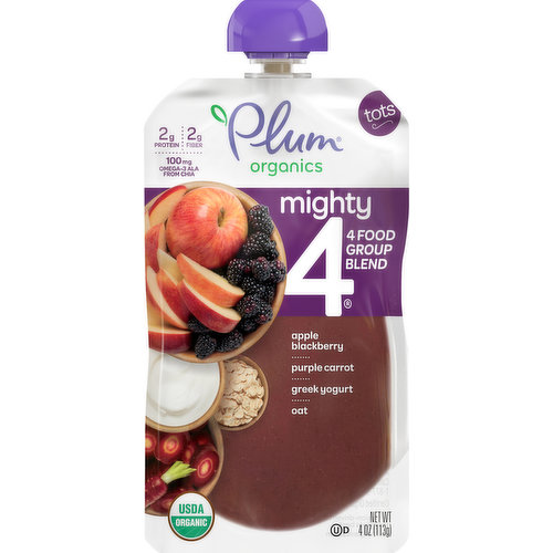 Apple blackberry. Purple carrot. Greek yogurt. Oat. 2 g protein. 2 g fiber. 100 mg Omega-3 ALA from chia. USDA Organic. Certified Organic by Oregon Tilth. Feed their curiosity. 4 food group favorites. 1 yummy snack. Our Recipe Has About: Fruit: 1/4 apple; 3 blackberries. Vegetables: 1/3 purple carrot. Grains: 1 tsp oats. Dairy: 1 tbsp greek yogurt plus a pinch of chia seeds & 4 tsp water. plumorganics.com.  Certified B Corporation. A mission-driven company that gives back. Non-BPA packaging.