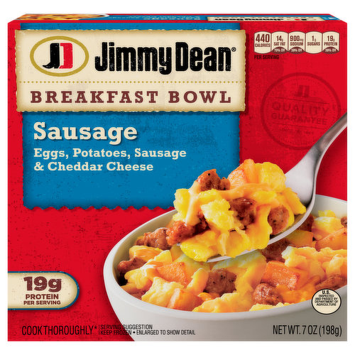 Filled with sausage crumbles, eggs, potatoes, and cheddar cheese, Jimmy Dean Sausage, Egg & Cheese Breakfast Bowls are sure to be the best part of your morning. Each microwavable bowl has 19 grams of protein per serving. Simple to prepare as a microwavable breakfast and ready in minutes, our frozen breakfast bowl is made with premium ingredients and the Jimmy Dean brand quality you know and trust.