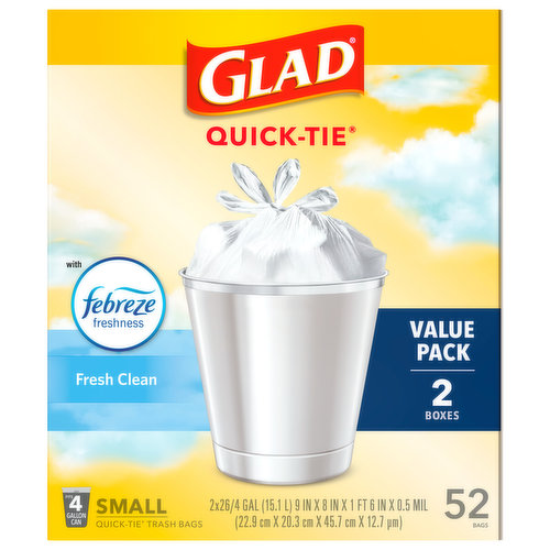 Glad Quick-Tie Trash Bags, Fresh Clean, Small, 4 Gallon, Value Pack