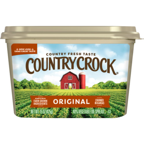 No artificial preservatives or flavors. 0 g trans fat per serving. Per Serving: Country Crock: 50 calories; 6 g fat; sat. fat 1.5 g; cholest. 0 mg. Dairy Butter: 100 calories; 11 g fat; 7 g sat. fat; cholest 30 mg. Gluten free. See nutrition information for fat and saturated fat content. New look. Same taste. Here at Countrycrock we start with farm grown ingredients slow-churned in kansas. Bring a taste of the country to your table. countrycrock.com. how2recycle.info. Country Crock is committed to sustainable palm oil. For more information see countrycrock.com. For questions/comments, visit us at: countrycrock.com. Please recycle.