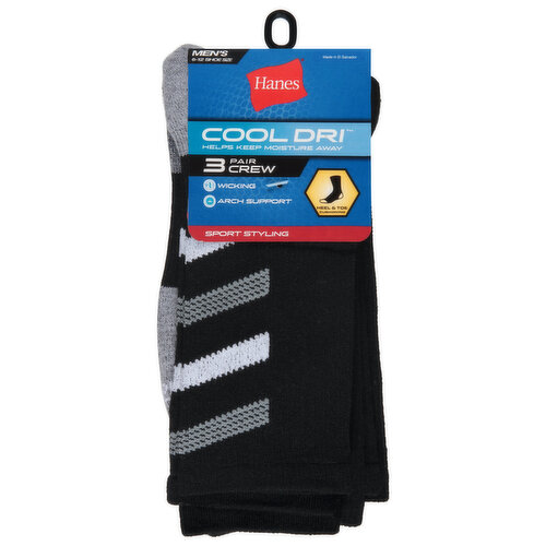 Hanes Cool Dri Socks, Crew, 6-12, Men's