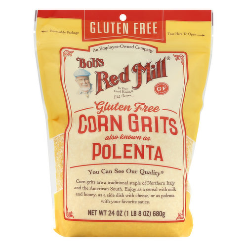 Gluten free. Tested and confirmed Gluten Free by our quality control laboratory. Corn grits also known as Polenta. You can see our quality. Corn grits are a traditional staple of Northern Italy and the American South. Enjoy as a cereal with milk and honey, as a side dish with cheese, or as polenta with your favorite sauce. An employee-owned company. Dear friends, Corn is perhaps the most traditional of American foods. Domesticated thousands of years ago, it's been a cultural and nutritional mainstay ever since. At Bob's Red Mill, we use only the finest-quality golden corn to create our traditional corn grits. Their rich flavor and incredible texture make our grits ideal for porridge, polenta and any number of entrées. We hope you enjoy them as much as we do. To your good health, Bob Moore. bobsredmill.com. For more information and recipes, visit bobsredmill.com. Resealable package.