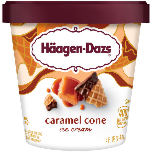 Haagen Dazs One 14-ounce package of Häagen-Dazs Caramel Cone Ice Cream. Golden caramel ribbons in creamy caramel ice cream, mixed with crunchy, chocolaty cone pieces.