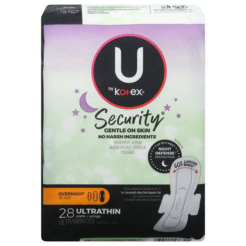 Gentle on skin. No harsh ingredients. Up to 11 hrs night defense protection. 60% Larger back (vs. Security Ultra Thin Regular Pad). All night protection in any position. Made without fragrance. Kotex since. Regular. Heavy. Overnight. Discard in trash. With U she can. Alliance for period supplies. Get involved at: ubykotex.com. Join us to end period poverty. Everyone deserves access to period products. As the founding sponsor of the Alliance for Period Supplies, U by Kotex makes millions of donations to ensure every person has the products they need to live fully and freely.