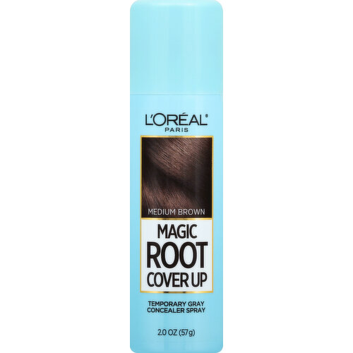 Temporary gray concealer spray. Seconds to Flawless Roots: No more grays. No more compromises; Quick & easy, dries in a flash; Light weight, no smudging or sticky residue when dry; Lasts 1 shampoo; Ammonia-free, peroxide-free, no synthetic dyes. Customized for medium browns. Any questions? Contact the Consumer Care Center Toll Free at 1-800-631-7358 or visit www.lorealparisusa.com. Made in USA of US and/or imported ingredients.