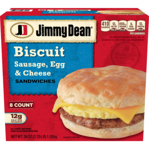Greet the day with a Jimmy Dean Sausage, Egg and Cheese Biscuit Breakfast Sandwich. Featuring sausage, eggs and cheese on a biscuit, Jimmy Dean biscuit sandwiches make morning the most delicious part of the day. With 12 grams of protein per serving, this Jimmy Dean breakfast sandwich gives you fuel to help get you through your day. Microwave each frozen breakfast sandwich for a delicious breakfast.