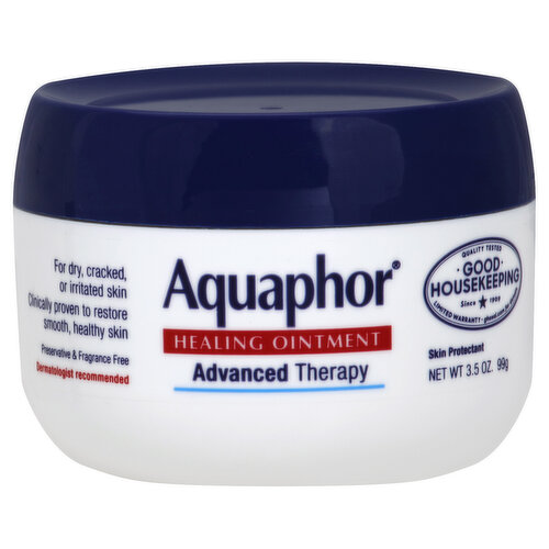 Misc: Skin protectant. Clinically proven to restore smooth, healthy skin. Preservative & fragrance free. Dermatologist recommended. Good Housekeeping: Since 1909. Quality tested. Limited warranty. ghseal.com for details. Trusted by dermatologist and pediatricians, Aquaphor Healing Ointment provides the effective care that your very dry, chapped, or irritated skin needs. Specially formulated to be free of fragrances, dyes, and preservatives, to provide safe and gentle care for sensitive skin. www.AquaphorHealing.com.