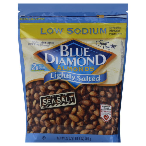 Made with sea salt. Low sodium (see nutrition information for fat content). Peanut free. Resealable zipper. Heart healthy. Scientific evidence suggests. But does not prove, that eating 1.5 ounces per day of most nuts, such as almonds, as part of a diet low in saturated fat and cholesterol. May reduce the risk of heart disease. American Heart Association Certified: Meets criteria for heart-healthy food. 50% less sodium than our roasted salted almonds (Comparison Table: Roasted Salted Almonds: 85 mg sodium per serving; Lightly Salted Almonds: 40 mg sodium per serving). 2 g net carbs per serving. See back panel. 5 g total carbs - 3g fiber = 2 g net carbs per serving. See nutrition information for fat content. Consistent Quality and Great Value! Since 1910, Blue Diamond growers has been producing the finest almonds from orchards in the rich, fertile valleys of California. We are proud to offer you and your family our prime selection of almonds for your snacking enjoyment. And our convenient, resealable bag gives you the option to save some for later - if you can! From the Almond People. Questions or comments? Write Blue Diamond customer support, PO Box 1768 Sacramento, CA 95812, or call 1 (800) 987-2329. Please include code number found on bottom of package with all inquiries. www.bluediamond.com. From California.