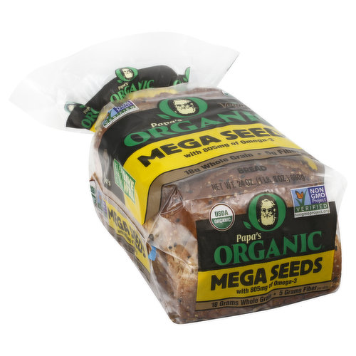 With 805 mg of omega-3. 18 g whole grain. 5 g fiber per slice. USDA Organic. Certified Organic by Organic Certifiers. Vegan. Non GMO Project verified. nongmoproject.org. Non GMO. To eat well is to live well. At Papa's Organic we bake fresh breads that are as healthy and nutritious for you as they are delicious. We start by taking special care to select the very finest wholesome ingredients. Then our master bakers blend them together using our special recipe and slowly bake them to perfection for an incredible flavor you will enjoy in every bite. From our family to yours, try some today! No eggs; non GMO; vegan friendly; nut free facility; no animal products; no high fructose corn syrup; no artificial colors or flavors; no cholesterol; no trans fat. Fresh & delicious or your money back! www.papapita.com. Follow us on: Facebook; Twitter; Instagram; YouTube.