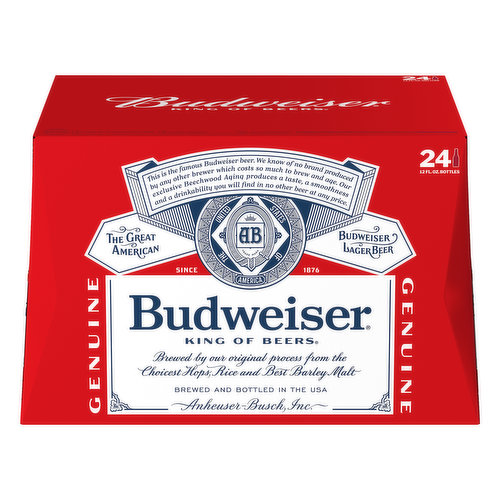 This is the famous Budweiser beer. We know of no brand produced by any other brewer which costs so much to brew and age. Our exclusive Beechwood Aging produces a taste, a smoothness and a drinkability you will find in no other beer at any price. King of beers. The great American. Since 1876. Genuine. Brewed by our original process from the choicest hops, rice and best barley malt. Enjoy responsibly. Drink wiser. www.budweiser.com. Follow us: Twitter. Instagram. Facebook. (at)budweiserusa. Thirsty for more info? Tap into your beer.com. For more information about our products and freshness guarantee, call 1-800-Dial Bud (1-800-342-5283) or visit us at www.budweiser.com. Rewards: 1. Sign up at budweiser.com. 2. Earn points. Scan your receipts (Receipt scan is only available in select states). Follow us on social media, attend events, play games, and more! 3. Get rewarded. Redeem your points to get rewards. No purchase necessary. Open to US residents (except CA & TX) 21+. Begins 1/15/18 and ends 12/31/22. See Budweiser.com for additional eligibility requirements, rewards and complete details. Message and data rates apply. Void where prohibited. Don't forget to save your Budweiser Receipts (Receipt scan is only available in select stores). Brewed with renewable 100% electricity from wind power (Electricity is one type of energy we use to brew; Learn more at budweiser.com). Please recycle. Brewed and bottled in the USA.