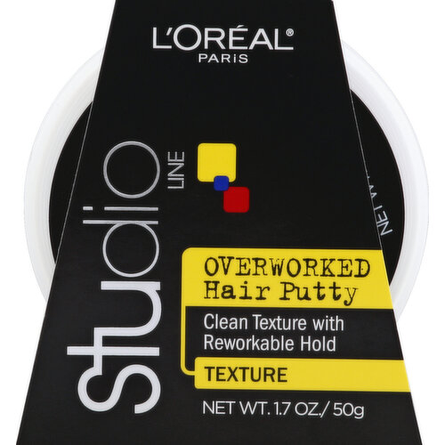 Clean texture with Reworkable hold. Bold. Creative. Confident. These studio inspired styling products help create your look to give you a style all your own. Your Style: Full, thick texturized style that looks natural. Your Studio: Overworked hair putty uses a flexible-holding polymer to add texture and thickness to give your style a hold that doesn't feel hard. Your Result: Reworkable hold that gives you the definition you need. Medium hold. Meets all state and federal VOC standards. For the latest styles go www.lorealparis.com. Made in Canada.