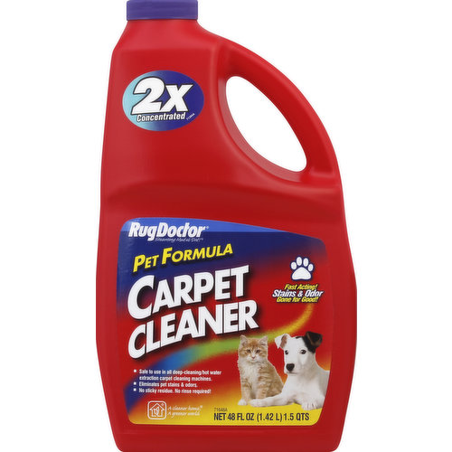 Fast acting! Stains & odor gone for good! Safe to use in all deep-cleaning/hot water extraction carpet cleaning machines. Eliminates pet stains & odors. No sticky residue. No rinse required! A cleaner home. A greater world. Pet Formula Carpet Cleaner is safe to use in all deep-cleaning/hot water extraction carpet cleaning machines. Pet Formula with Bio-Enzymatic technology, eliminates odors, removes oil and protein stains, dissolves urine crystals and enhances the removal of allergens. Our unique formula ingredients help rejuvenate carpet fibers. 2X Concentrated! This bottle deep-cleans up to 750-1500 sq ft (2 to 4 averaged size rooms). For more information on Rug Doctor products please visit us on the web at: www.rugdoctor.com. Printed in USA.