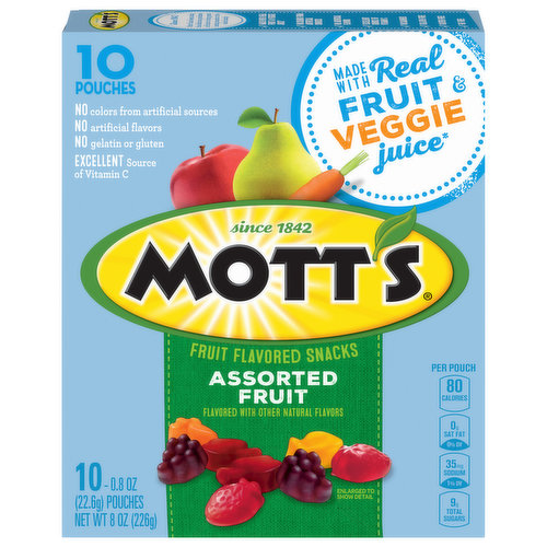 Mott's Assorted Fruit Flavored Snacks are made with real fruit and veggie juice, and have 100% of your daily vitimine C. They contain no gelatin, gluten, artificial flavors or colors. They're also just 80 calories and fat free!