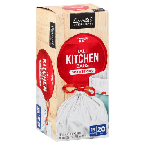 Essential Everyday Tall Kitchen Bags, Drawstring, 13 Gallon