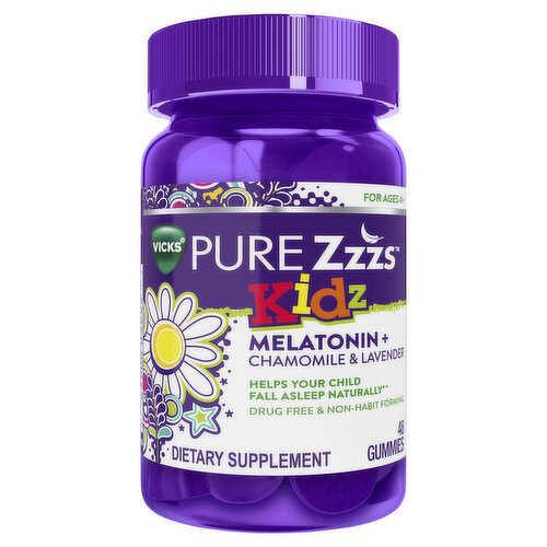 Vicks Kidz Vicks PURE Zzzs Kidz Sleep Aid Gummies, 0.5mg Melatonin per gummy, Dietary Supplement for Ages 4+, 48 Ct