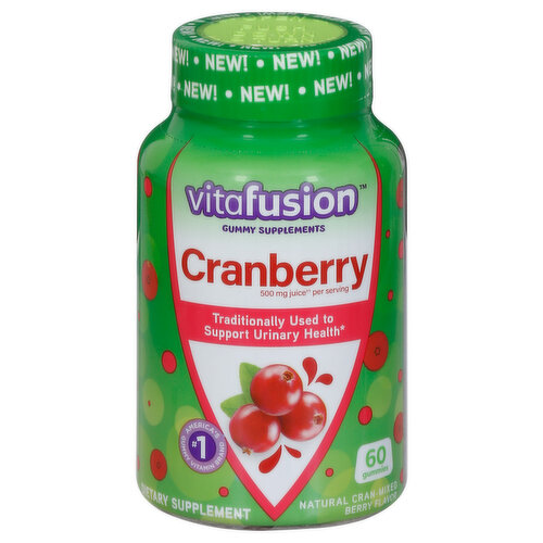 Traditionally used to support urinary health. No.1 America's gummy vitamin brand. New! Vitafusion Cranberry Gummies are packed with 500 mg of cranberry juice (from concentrate) in each serving, for a delicious and convenient way to include cranberry into your daily diet without having to drink it as a juice. Traditionally, cranberries have been used to support urinary tract health. You'll love the taste of theses delicious gummies! No high fructose corn syrup. No synthetic FD&C dyes. Our Commitment: Green-e: Certified Renewable Energy. Made with 100% certified renewable electricity. Growing Communities with Fruitful Planting: We believe in holistic wellness and realize it's more than just taking vitamins. That's why we support the Fruit Tree Planting Foundation and together have planted more than 200,000 fruit trees in underserved communities. Join our mission vitafusion.com.