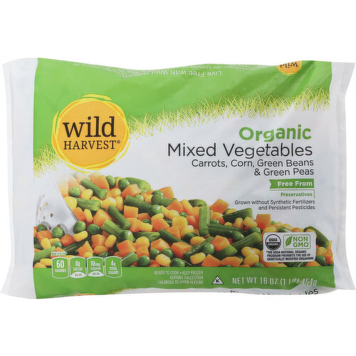 Free from preservatives. Grown without synthetic fertilizers and persistent pesticides. Ready to cook. Live Free with Wild Harvest: Wild Harvest Organics offer a complete selection of food products that are free from more than 140 undesirable ingredients. But we don't stop there, Wild Harvest Organic products go one step further and are certified organic by the USDA's strict standards and are made only with high quality ingredients from growers and manufacturers who share our commitment to healthy people and planet. Carrots, corn, green beans & green peas.