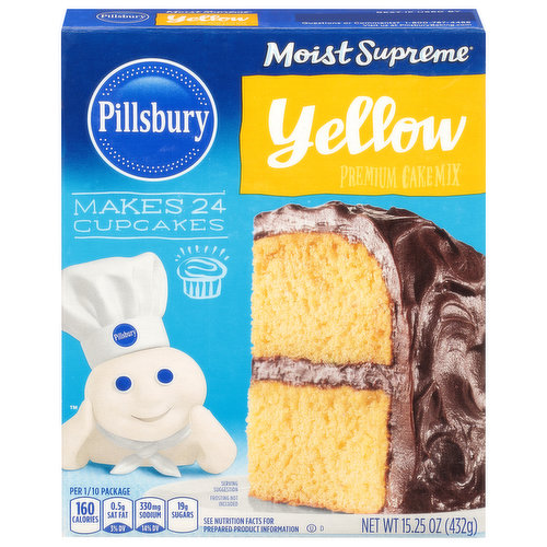 Per 1/10 Package: 160 calories; 0.5 g sat fat (3% DV); 330 mg sodium (14% DV); 19 g sugars. See nutrition facts for prepared product information. Contains a bioengineered food ingredient. Makes 24 cupcakes. PillsburyBaking.com. Facebook. Instagram. Pinterest. Questions or comments? 1-800-767-4466. Visit us at PillsburyBaking.com. Inspiration and tips at PillsburyBaking.com. Made with 35% recycled fiber.