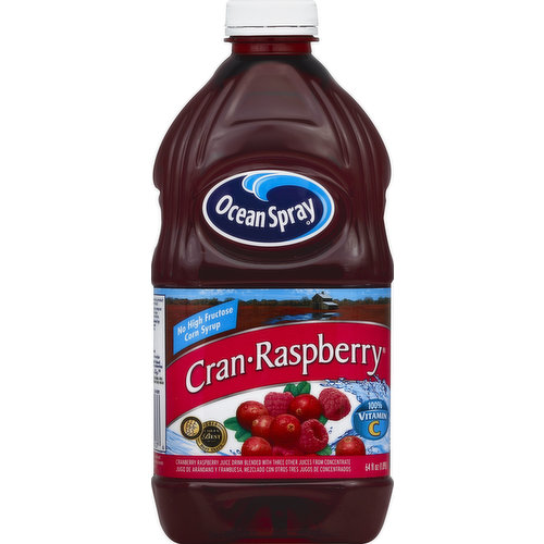 Cranberry Raspberry juice drink blended with another juice from concentrate. No high fructose corn syrup. 100% Vitamin C. 2010 American Culinary Chef's Best Award - Best Taste. www.chefsbest.org. Heidi Dobbs - 4th generation grower - Wisconsin Rapids, WI. Meet Our Growers: We're proud member of the Ocean Spray Cooperative, where the growers who harvest the cranberries also own the company. Cranberries have been in my family since my great grandfather Charles Dempze harvested his first cranberry in Wisconsin in 1900. Over 100 years later, I love teaching people about cranberries almost as much as I love growing them. That's why I give tours of my bogs, so I can explain how good cranberries are for you and show people how they're grown. I'm even planning on developing our family cranberry heritage room someday! Until then, we'll keep telling everyone about cranberries any way we can. For more about Heidi and the Dempze Family, visit www.oceanspray.com. Grower Owned since 1930. American Heart Association: Meets American Heart Association food criteria for saturated fat and cholesterol for healthy people over age 2 (While many factors affect heart disease, diets low in saturated fat and cholesterol may reduce the risk of this disease). Heartcheckmark.org. Thanks for Choosing Ocean Spray: If you're not completely satisfied with out product, give us a call and we'll replace it: 1-800-662-3263, weekdays 9 AM to 4 PM EST. Please have the entire package handy. No artificial colors or flavors. www.oceanspray.com. Pasteurized; please recycle. Another great CRAN brand from Ocean Spray Cranberries. Straight from the bog! The ChefsBest Award for Best Taste is awarded to the brand rated highest overall among leading brands by independent professional chefs. Contains 15% fruit juice.