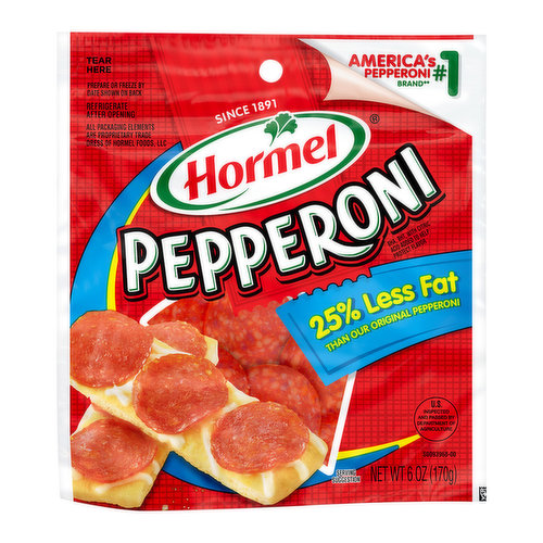 Gluten free. 25% less fat than our original pepperoni. Fat content has been reduced 14 g to 10 per 30 g serving.  Since 1891. BHA, BHT, with Citric Acid added to help protect flavor. Pizza, Appetizers & more! U.S. inspected and passed by Department of Agriculture. www.hormel.com. Visit www.hormel.com 1-800-523-4635. Zip Pak. Resealable packaging. THINK IT UP MAKE IT UP™ PEP IT UP!® with HORMEL® Pepperoni 25% Less Fat.  Each slice is made with beef and pork, and are wonderfully delicious. HORMEL® Pepperoni 25% Less Fat tastes great on top of pizza, inside of sandwiches, or as a convenient school time snack for your kids' lunchboxes, and they do not require refrigeration until opened.