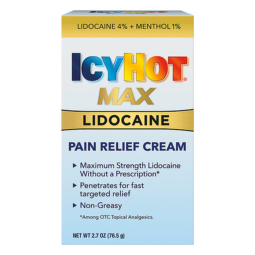 Maximum strength lidocaine without a prescription (Among OTC Topical Analgesics). Penetrates for fast targeted relief. Non-greasy. Numbs away pain. Back, neck & shoulders, knee & elbow, ankle & leg. Recyclable carton.