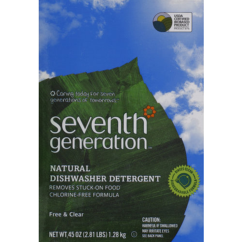Removes stuck-on food. Chlorine-free formula. Caring today for seven generations of tomorrows. USDA Certified Biobased Product: Product 87%. Rinses clean. Biodegradable formula. Our Promise to You: It Works: Premium enzyme system removes dried-on food residue and rinses clean. It's Natural: USDA Certified Biobased Product (87%). We Care: Chlorine-free, phosphate-free, biodegradable formula. Sparkling, spot-free dishes without prewashing. Our enzyme-powered formula bursts though baked-on food and tough stains, without chemicals like chlorine or synthetic fragrances. Get a total clean the first time and save resources (if every household in the US replaced just 1 box of 45 oz. dishwashing detergent containing petroleum-based ingredients with our plant-based product, we could save 14,000 barrels of oil. That's enough to hear and cool 800 US homes for a year!) with our premium green performer! No phosphates. Learn more at seventhgeneration.com. This paperboard of this box is made of 100% recycled fiber (35% post-consumer, 65% pre-consumer). seventhgeneration.com or contact us at 800-456-1191. Try our full line of home, personal & baby care products. Not tested on animals. No animal ingredients. Gluten free. how2recycle.info. FSC: Recycled - Packaging made from recycled material. www.fsc.org. 100%. Paperboard. Made in Canada.