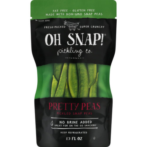 Pickled snap peas. Fat free. Gluten free. Made with non-GMO snap peas. No brine added. Great for on-the-go snacking! Fresh-packed. Super crunchy. No brine added means less mess. Oh Snap! Veggies are a convenient & tasty on-the-go snack. On the road. Ideal for picnics. Toss in a lunchbox. Or, just about anywhere! Where no veggie has gone before. OhSnapPickles.com.