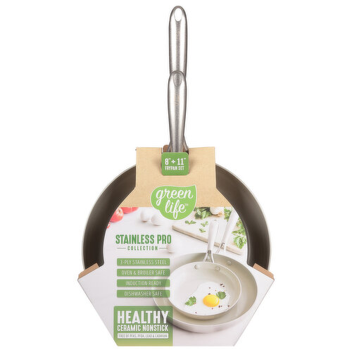 Green Life Stainless Pro Collection Frypan Set, Healthy Ceramic Nonstick, 8+11 Inch