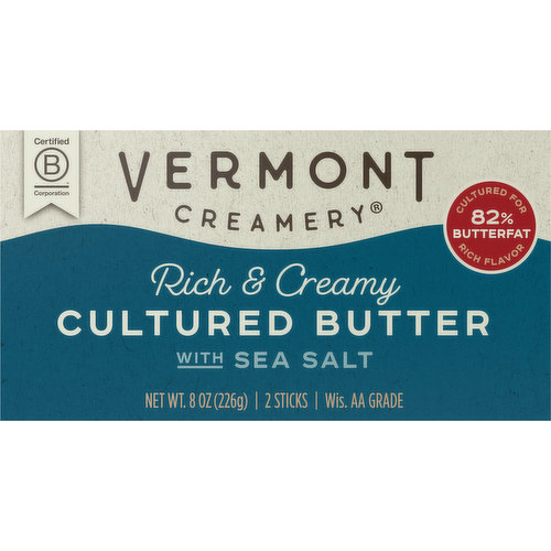 To make Vermont Creamery® Cultured Butter, our expert buttermakers carefully add live bacterial cultures to fresh Vermont Cream. The cream ferments overnight and by morning, it's thickened and wonderful notes of buttermilk and hazelnuts have developed. Making cultured butter is much like making wine, you want to ferment your cream slowly just like your grapes. The longer you culture the better. The end result is deliciously cultured, ridiculously creamy butter perfect for baking a flakier crust, slathering on fresh bread, or sauteeing the perfect piece of fish.