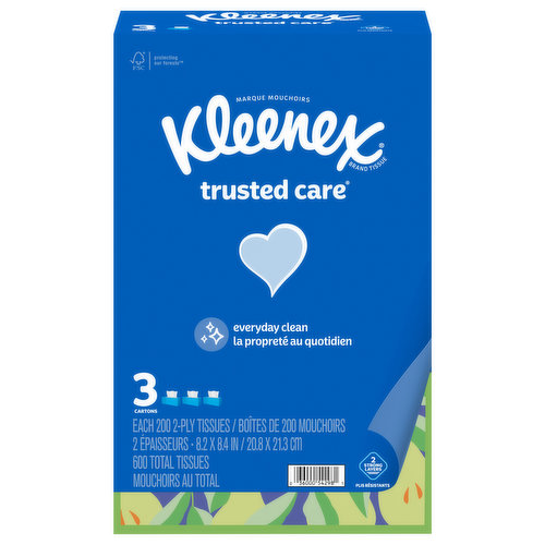 America’s favorite tissue, Kleenex Trusted Care is the best tissue for daily use and offers soft, strong and absorbent 2-ply care for faces and hands! Whether you’re looking for a box for your home or office, with Kleenex Trusted Care Facial Tissues, you get 3 flat boxes of 200 tissues, so you have plenty of single tissues for any occasion. Designed for everyday little messes and drips, our dye-free, soft and strong tissue is thick and absorbent and has 2 strong layers to help keep your hands clean when you need it. Plus, you can find tissue boxes that fit your home because each tissue box is available in various colors and designs. Got the sniffles? Also try Kleenex Soothing Lotion or Kleenex Ultra Soft facial tissues. 