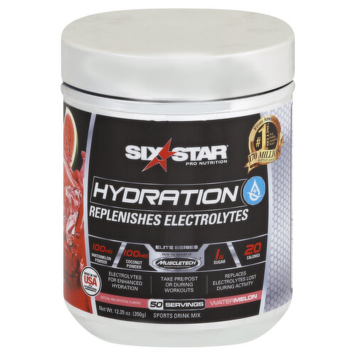 Replenishes electrolytes. Natural and artificial flavors. From America's No. 1 Selling body building supplement brand (MuscleTech is America's No. 1 Selling Body Building Supplement Brand based on cumulative wholesale dollar sales 2001 to present. Over 170 million bottles of MuscleTech and Six Star products combined have been sold). 170 million bottles sold! From the makers of Muscletech Research & Development. Electrolytes for enhanced hydration. Take pre/post or during workouts. Replaces electrolytes lost during activity. 20 years of excellence. Leader in science. Guaranteed banned substance free. Manufactured according to cGMP standards, as is required for all dietary supplements. Six Star Hydration is Engineered for All Athletes: Six Star Hydration is from the makers of MuscleTech, America's No. 1 Selling Body Building Supplement Brand, so you know it's a powerful formula you can trust. Whether it's your first time at the gym or you're a seasoned vet, pro athlete or just trying to gain that extra edge in your sport, everyone is an athlete, and every athlete needs to fuel their body with the best sports nutrition products available. Delivering high quality electrolytes providing optimal hydration including an electrolyte Watermelon powder and Coconut Powder. Six Star Hydration is perfect during a workout, playing sports, or anytime of day, and its engineered for all athletes. Six Star Hydration is For: active men & women; strength trainers; all athletes; fitness enthusiasts; endurance athletes. Benefits of Six Star Hydration: Electrolytes for enhanced Hydration; Take Pre/Post or during workouts; Advanced Electrolyte Matrix including Watermelon and Coconut Powder; Only 20 Calories and 5 g of carbs; Great for sports, training or life. 100 mg watermelon powder. 100 mg coconut powder. 1 g sugar. 20 calories. 50 servings. For Best Results, Stack with: Pre: Use 30 to 45 before workout. Post: Pre- & post-workout, between meals. For more info, recipes, tips and to join the conversation, visit SixStarPro.com. Facebook: Like us. Twitter: (at)SixStarPro. Instagram: sixstarpronutrition. Made in the USA from international ingredients.