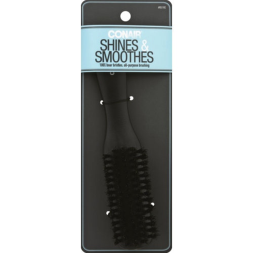 100% boar bristles, all-purpose brushing. Conair has everything you need for beautiful hair. This all-purpose Grooming Brush is designed for traditional brushing of all hair lengths and textures. The natural boar bristles evenly distribute the scalp's essential oils to enhance hair's own shine. 100% Boar Bristle Grooming Brush: For all hair lengths and textures. Taking care of hair for over 50 years. Stay Connected with Us: Facebook; Instagram; Pinterest; Twitter; YouTube. Visit conair.com for more great satisfying options! Made in China.
