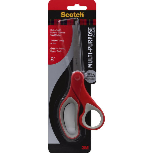 High quality, durable stainless steel. Steel blades. Smooth cutting action. Great for photos, papers, crafts.  Multi-Purpose Scissors: sharp, hardened stainless steel blades for cutting performance; soft comfort grip handle for ease of use; handle designed for both right and left handed users; 10 year limited warranty. For over 75 years, Scotch Brand products have provided consumers with the assurance of quality and satisfaction of a job well done. Now Scotch Brand brings high quality and high performance scissors for the most demanding office and household projects. Each Scotch Brand scissors is hand-tested to ensure that they are the finest quality and will deliver maximum performance. Visit us at ScotchBrand.com to discover more about the Scotch line of fine products. Thank you for your continued trust in Scotch Brand Products! 10 year limited warranty. Limited warranty. This product will be free from defects in material and manufacture for ten years. If this 3M product is defective within ten years from date of purchase, your exclusive remedy and 3M's sole obligation shall be, at 3M's option, to replace the 3M product or refund the purchase price of the 3M product. This warranty does not cover normal wear and tear, or damage resulting from accident, misuse, alteration or lack of reasonable care. To obtain warranty service contact 3M at 1-800-328-6276. Limitation of Liability. 3M will not be liable for any loss or damage arising from this 3M product, whether direct, indirect, special, incidental or consequential, regardless of the legal theory asserted. including warranty, Contract, negligence or strict liability. Www.ScotchBrand.com. Made in China for 3M.