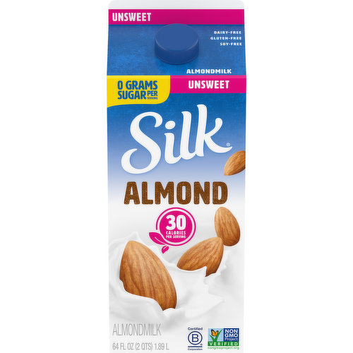 0 grams sugar per serving. 30 calories per serving. Dairy-free. Gluten-free. Soy-free. Carrageenan, cholesterol. Free From: Dairy; Gluten; Carrageenan; Cholesterol; Soy; Artificial colors & flavors. Non-GMO Project verified. nongmoproject.org. You deserve more. Oh-so-mmm moments that also do some world good. We offset 100% of water used in our plants, restoring it to nature. We believe in making delicious plant-based food. That does right by you and fuels our passion for the planet to make your journey smooth. Silk grow on. Calcium to support strong bones. Love it or your money back. Visit Silk.com/loveit or call 888-820-9283 for a full refund. Limit two refunds per household per year. silk.com. Facebook. Instagram. Twitter. For more on sustainability visit silk.com. Certified B Corporation. Danone proud member of the Danone family. FSC: Mix. Rainforest Alliance Certified packaging.