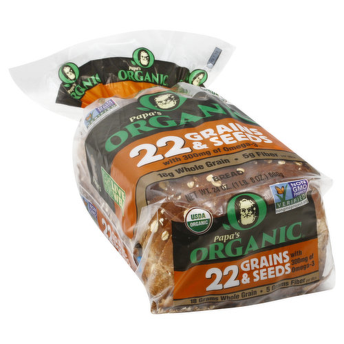 With 300 mg of omega-3. 18 g whole grain. 5 g fiber per slice. USDA Organic. Certified Organic by Organic Certifiers. Vegan. Non GMO Project verified. nongmoproject.org. Non GMO. To eat well is to live well. At Papa's Organic we bake fresh breads that are as healthy and nutritious for you as they are delicious. We start by taking special care to select the very finest wholesome ingredients. Then our master bakers blend them together using our special recipe and slowly bake them to perfection for an incredible flavor you will enjoy in every bite. From our family to yours, try some today! No eggs; non GMO; vegan friendly; nut free facility; no animal products; no high fructose corn syrup; no artificial colors or flavors; no cholesterol; no trans fat. Fresh & delicious or your money back! www.papapita.com. Follow us on Facebook, Twitter, Instagram, Youtube.