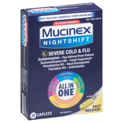 Mucinex Night Shift Severe Cold & Flu, Maximum Strength, Caplets