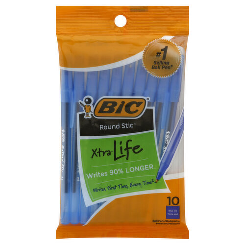 BiC Round Stic Ball Pens, Xtra Life, Blue Ink, Medium