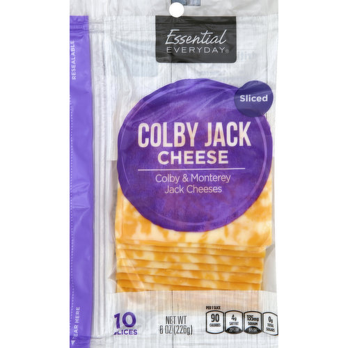 Colby & monterey jack cheeses. Resealable. Per 1 Slice: 90 calories; 4 g sat fat (20% DV); 135 mg sodium (6% DV); 0 g total sugars. 100% quality guaranteed. Like it or let us make it right. That's our quality promise. essentialeveryday.com.