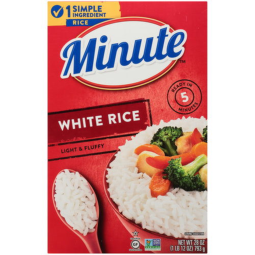 Certified Gluten Free. Non GMO Project verified. nongmoproject.org. 1 simple ingredient. Ready in 5 minutes. We're on a mission to make meals simple, so you spend less time cooking and more time enjoying! Real life moves fast we can help. Mix it up make it yours! Try adding your own personal touch. Simply seasoned sea salt & butter. Thai inspired in place of water use coconut water & curry powder. Savory stir-ins ponzu sauce & chipotle pepper. minuterice.com Share your recipes and thoughts (at)MinuteRiceUS. Pinterest. Instagram. Facebook. Twitter. (hashtag)RiceYourWay. Visit us at minuterice.com. 1-800-Minute1 (1-800-646-8831). Please have package available. Quick chicken stir-fry find the recipe at minuterice.com/recipe. Try our other great products. Keep like simple with our ready to serve cups. White Rice, Organic Red Quinoa & Brown Rice with Garlic, Jasmine Rice, Brown Rice & Quinoa. Good fast options perfect anytime, anywhere. Ready when you are. This carton is 100% recyclable. Grown in the USA. We're on a mission to make meals simple, so you spend less time cooking and more time enjoying!; Simply cooked, then dried. Nothing added but convenience.