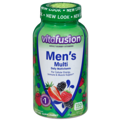 New look. Daily multivitamin. For cellular energy, immune & muscle support. No. 1 America's gummy vitamin brand. Vitafusion Men's Multi gummies are formulated to support the overall health and wellness of men. These little gummies pack a punch of essential vitamins, minerals and natural fruit flavors that help with cellular energy, immune & muscle support. Go attack your day! No high fructose corn syrup. No synthetic FD&C dyes. Our Commitment: Green-e: Certified Renewable Energy. Made with 100% certified renewable electricity. Growing Communities with Fruitful Planting: We believe in holistic wellness and realize it's more than just taking vitamins. That's why we support the Fruit Tree Planting Foundation and together have planted more than 200,000 fruit trees in underserved communities. Join our mission vitafusion.com.